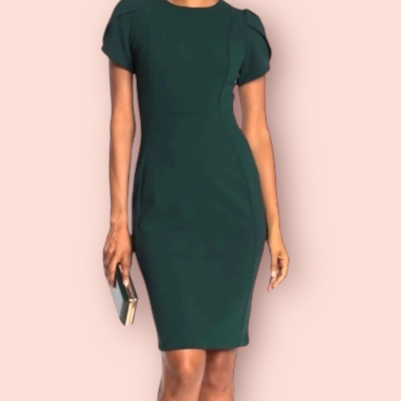 Calvin Klein Green Business Casual Dress With Puff Sleeves and Gold Zipper - Picture 1 of 8